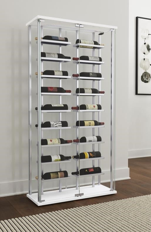 Coaster 182037 Montara tempered glass wine storage display curio cabinet with LED lighting chrome accents