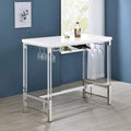 Coaster 182101 Norcrest white high gloss finish pub height bar table with acrylic legs wine bottle and glass rack holder