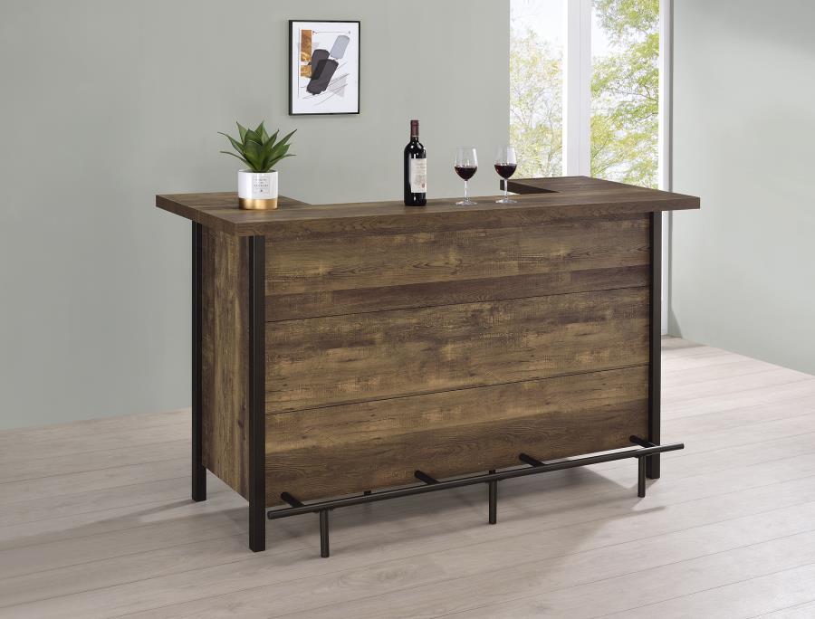 Coaster 182104 Darby home co Ansel rustic oak finish wood home bar unit with foot rail bottle and glass storage racks