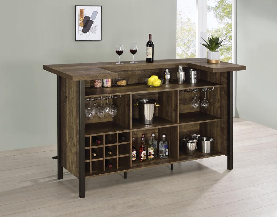 Coaster 182104 Darby home co Ansel rustic oak finish wood home bar unit with foot rail bottle and glass storage racks