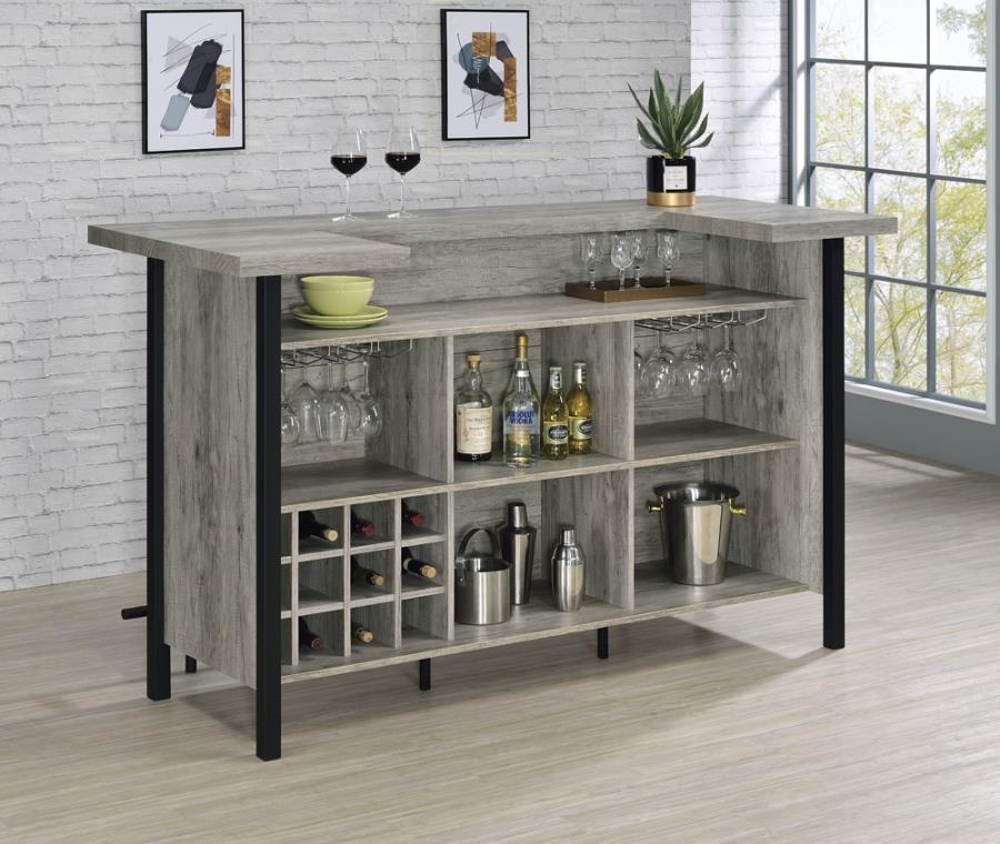 Coaster 182105 Darby home co Ansel grey driftwood finish wood home bar unit with foot rail bottle and glass storage racks