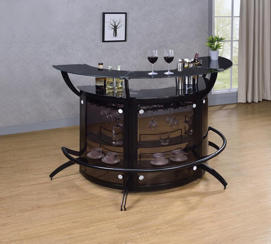 Coaster 182135-S3 3 pc Orren ellis home bar unit modern style black finish half circle curved front bar unit