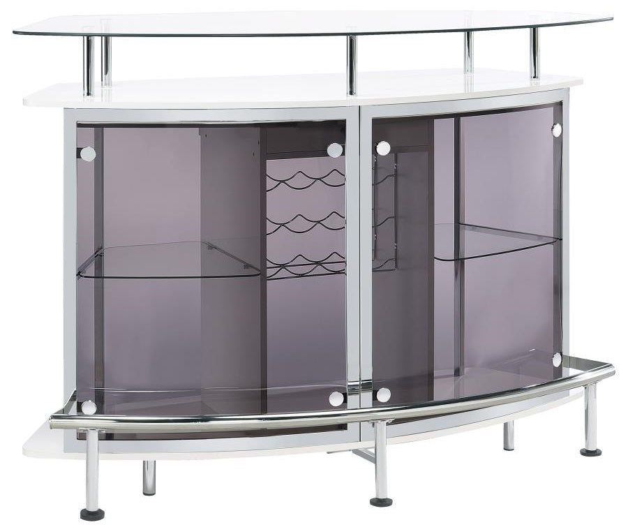 Coaster 182235 Orren ellis home bar unit modern style white finish curved front bar unit with tempered glass shelves and smoked acrylic accents