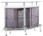 Coaster 182235 Orren ellis home bar unit modern style white finish curved front bar unit with tempered glass shelves and smoked acrylic accents