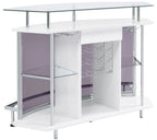 Coaster 182235 Orren ellis home bar unit modern style white finish curved front bar unit with tempered glass shelves and smoked acrylic accents