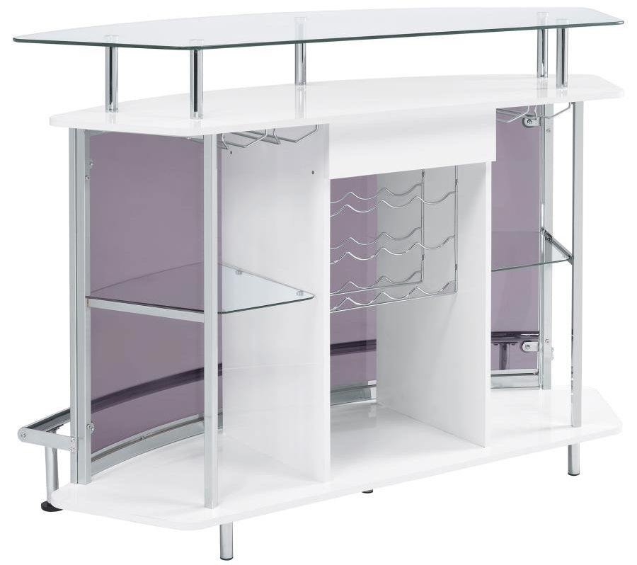 Coaster 182235 Orren ellis home bar unit modern style white finish curved front bar unit with tempered glass shelves and smoked acrylic accents