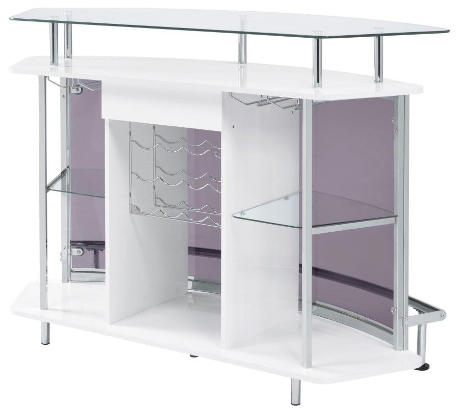 Coaster 182235 Orren ellis home bar unit modern style white finish curved front bar unit with tempered glass shelves and smoked acrylic accents