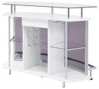 Coaster 182235 Orren ellis home bar unit modern style white finish curved front bar unit with tempered glass shelves and smoked acrylic accents