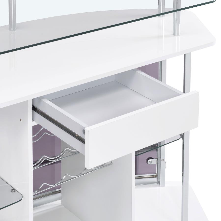 Coaster 182235 Orren ellis home bar unit modern style white finish curved front bar unit with tempered glass shelves and smoked acrylic accents
