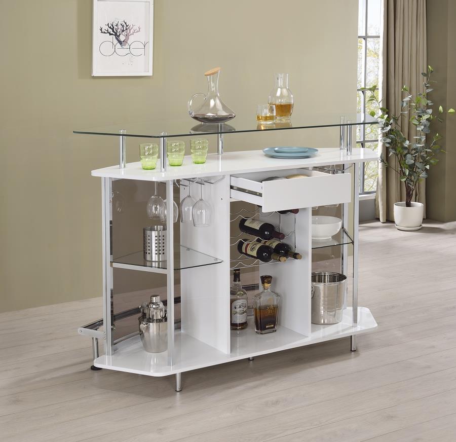 Coaster 182235 Orren ellis home bar unit modern style white finish curved front bar unit with tempered glass shelves and smoked acrylic accents