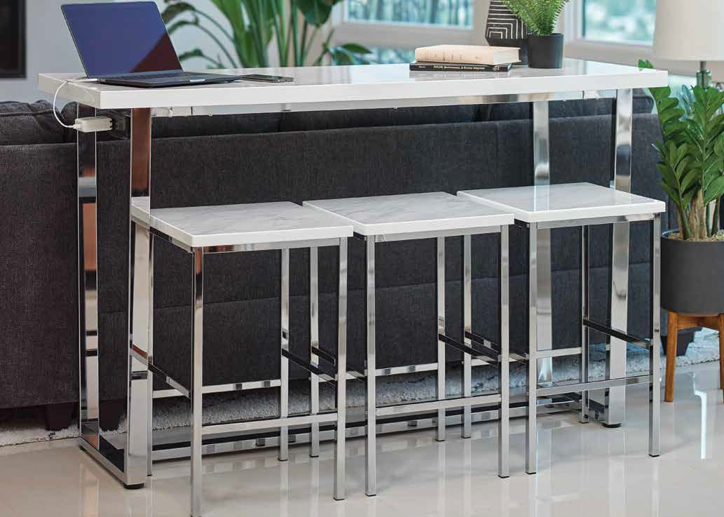 Coaster 182253 4 pc Topline Marmot white faux marble top chrome frame counter height dining / bar table set