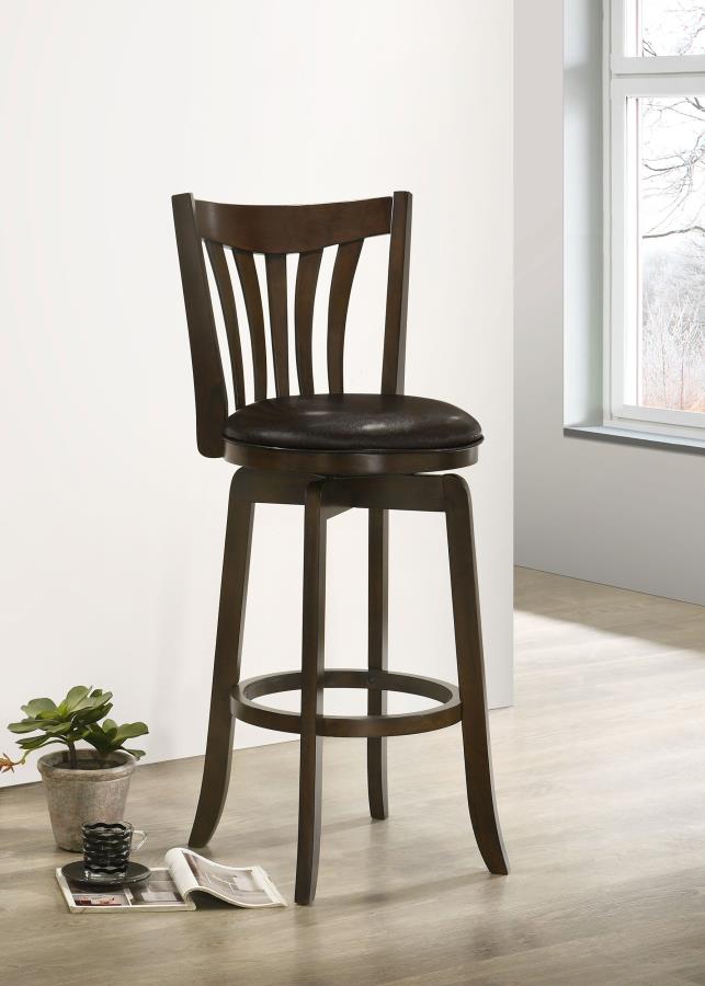 Coaster 182509 Lambert dark cherry finish wood swivel barstool with back brown faux leather seating