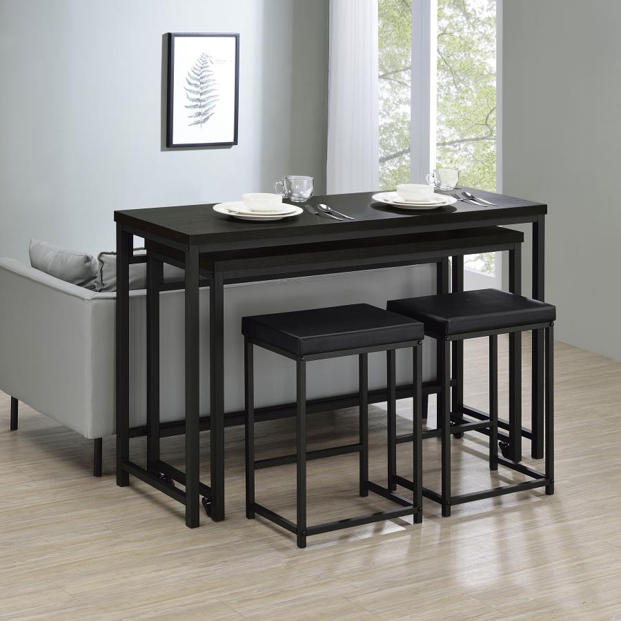 Coaster 182724 4 pc Hawes black metal and black finish wood counter height nesting bar table with 2 stools