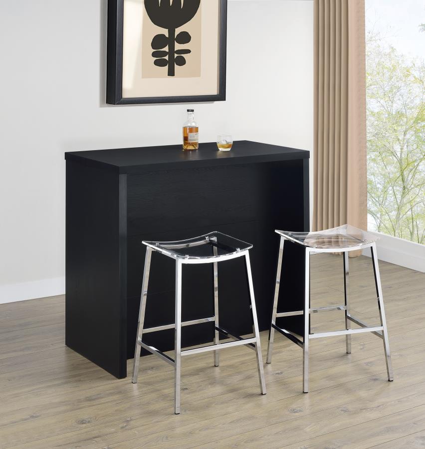 Coaster 182784 Topanga home bar unit black finish wood wine racks and metal hanging glass racks behind