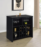 Coaster 182784 Topanga home bar unit black finish wood wine racks and metal hanging glass racks behind