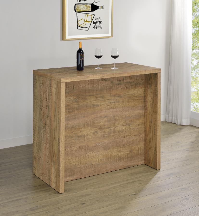 Coaster 182785 Topanga home bar unit mango finish wood wine racks and metal hanging glass racks behind