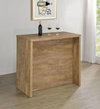 Coaster 182785 Topanga home bar unit mango finish wood wine racks and metal hanging glass racks behind