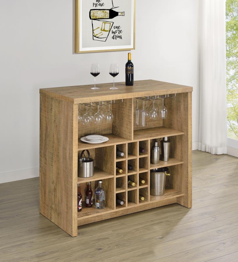Coaster 182785 Topanga home bar unit mango finish wood wine racks and metal hanging glass racks behind