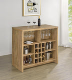 Coaster 182785 Topanga home bar unit mango finish wood wine racks and metal hanging glass racks behind