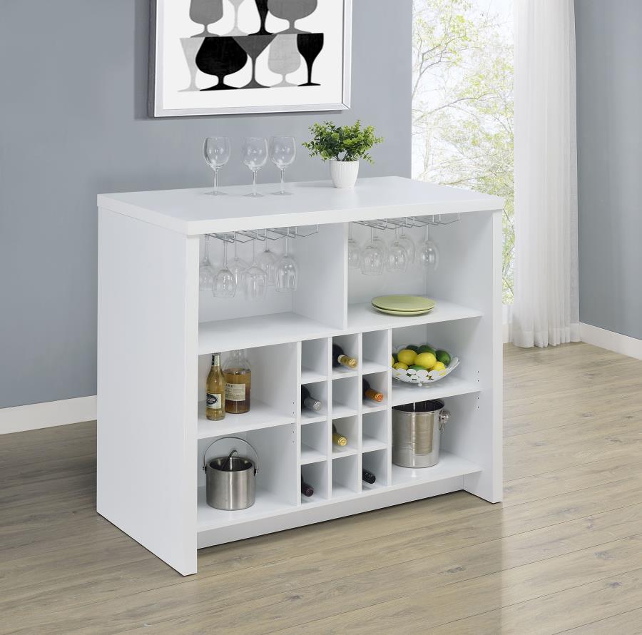 Coaster 182786 Topanga home bar unit white finish wood wine racks and metal hanging glass racks behind