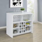 Coaster 182786 Topanga home bar unit white finish wood wine racks and metal hanging glass racks behind