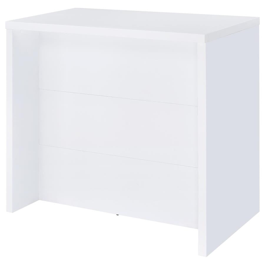 Coaster 182786 Topanga home bar unit white finish wood wine racks and metal hanging glass racks behind