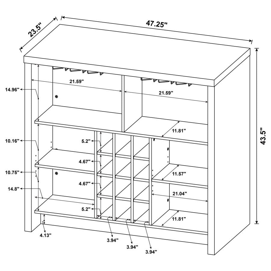 Coaster 182786 Topanga home bar unit white finish wood wine racks and metal hanging glass racks behind