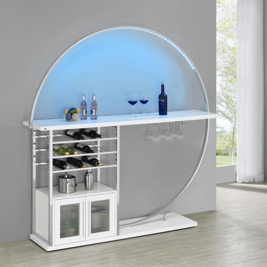 Coaster 182798 Risley home bar unit white finish wood and chrome bar unit LED lighting