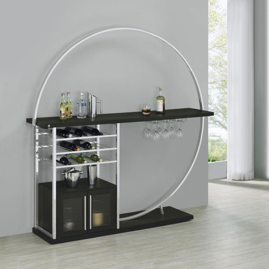 Coaster 182799 Risley home bar unit black finish wood and chrome bar unit LED lighting