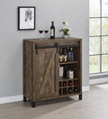 Coaster 182852 Williston forge ignacio rustic oak finish wood frame and sliding barn door bar cabinet unit with glass and wine racks