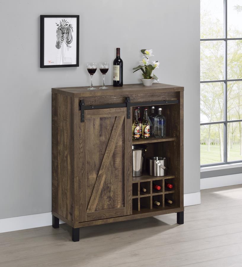 Coaster 182852 Williston forge ignacio rustic oak finish wood frame and sliding barn door bar cabinet unit with glass and wine racks