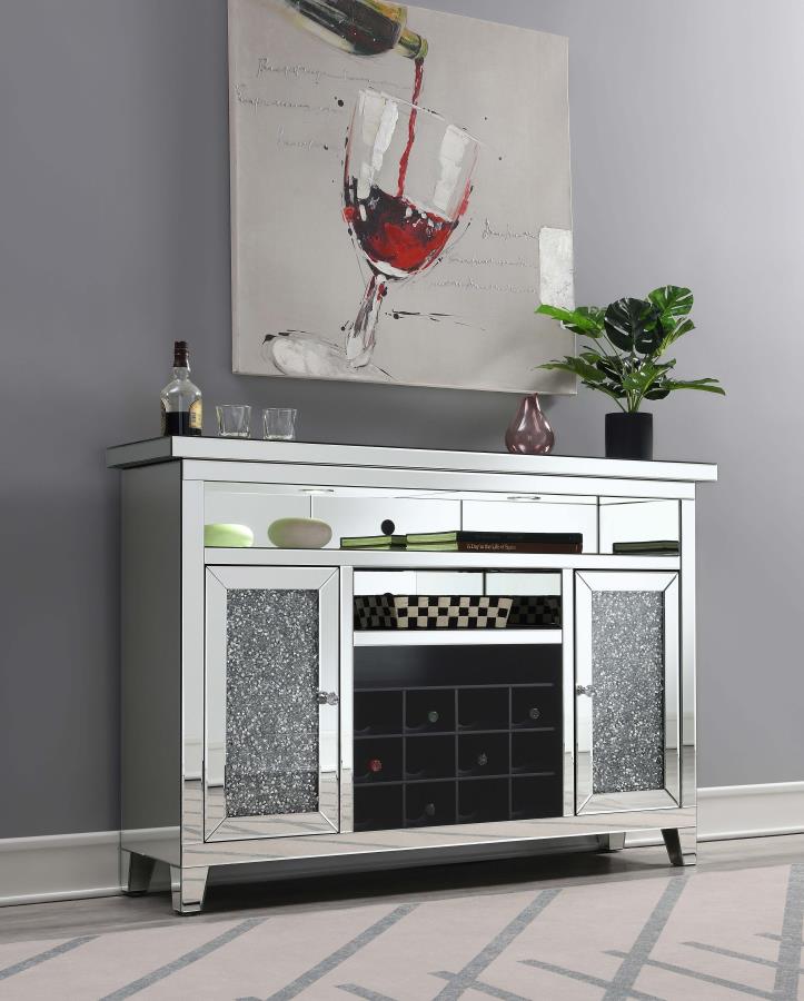 Coaster 183627 Everly quinn marilyn mirrored and glass bar unit wine cabinet console with LED lighting underneath