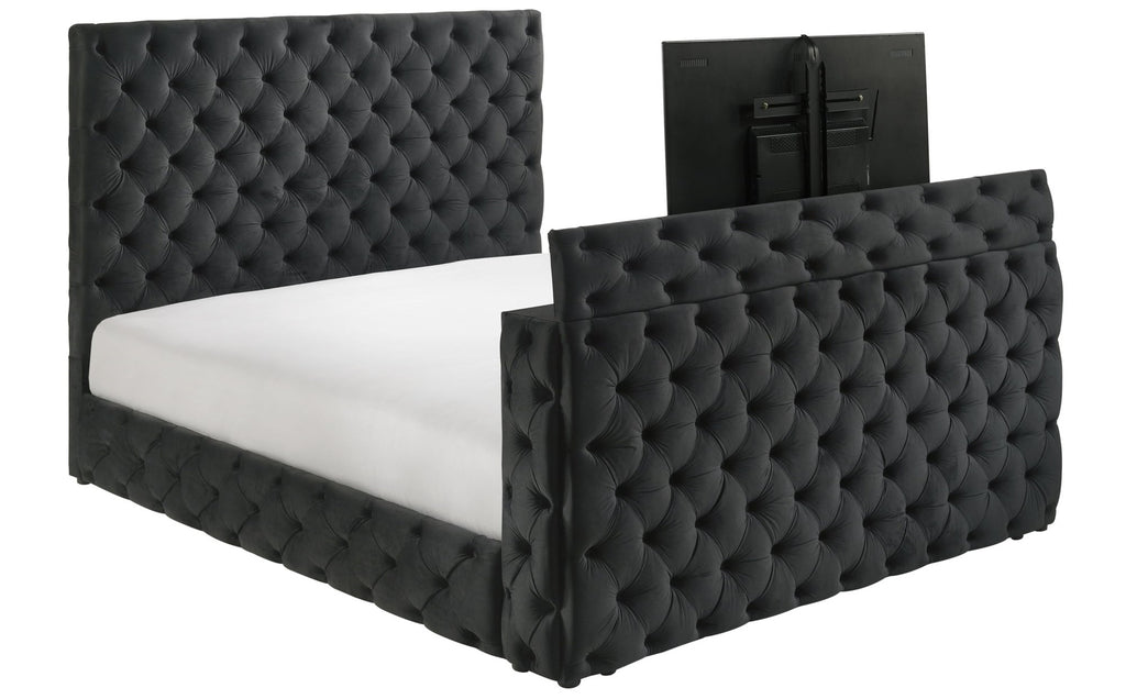 Crown Mark 5213BK josephine black velvet fabric tufted queen bed with TV lift footboard