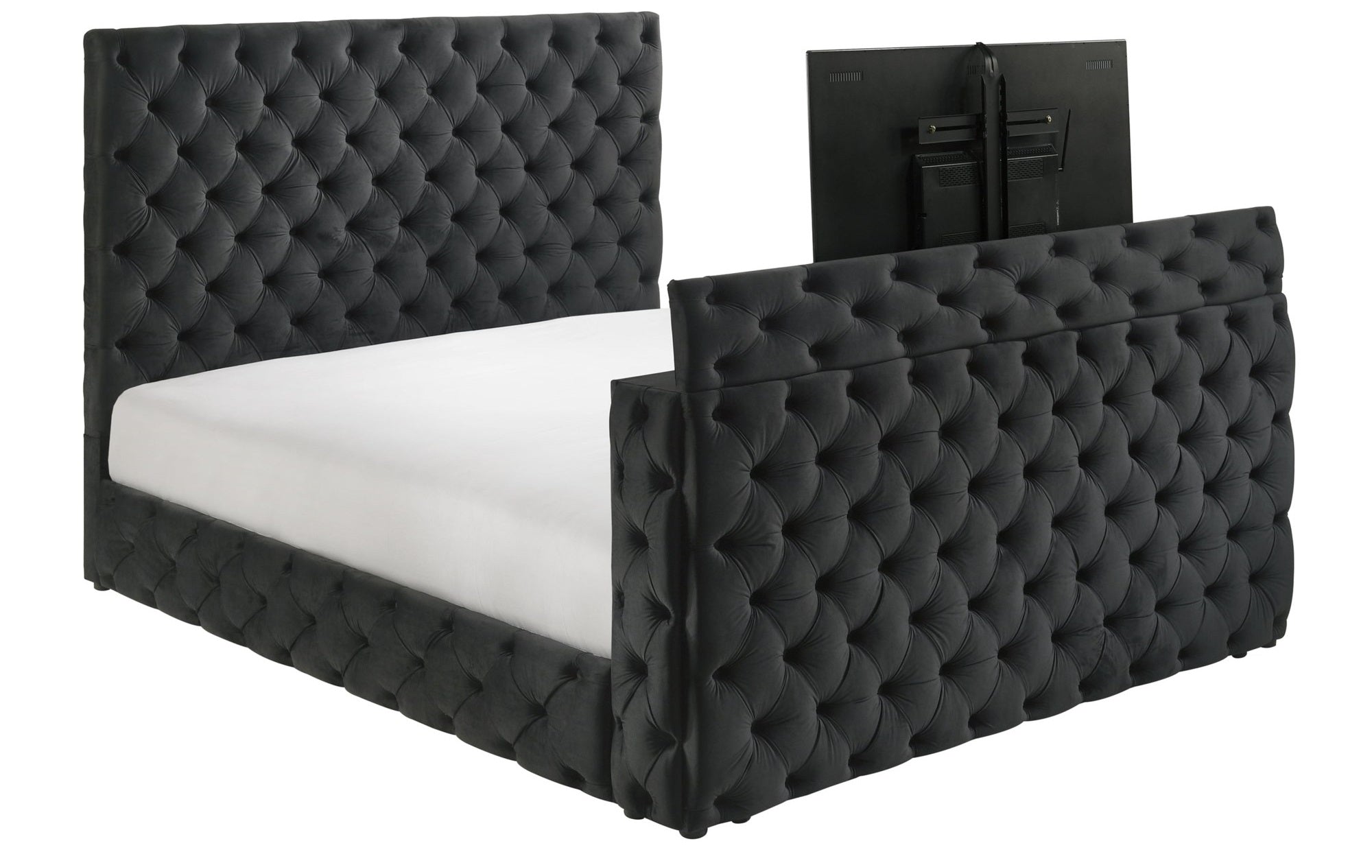 Crown Mark 5213BK josephine black velvet fabric tufted queen bed with TV lift footboard