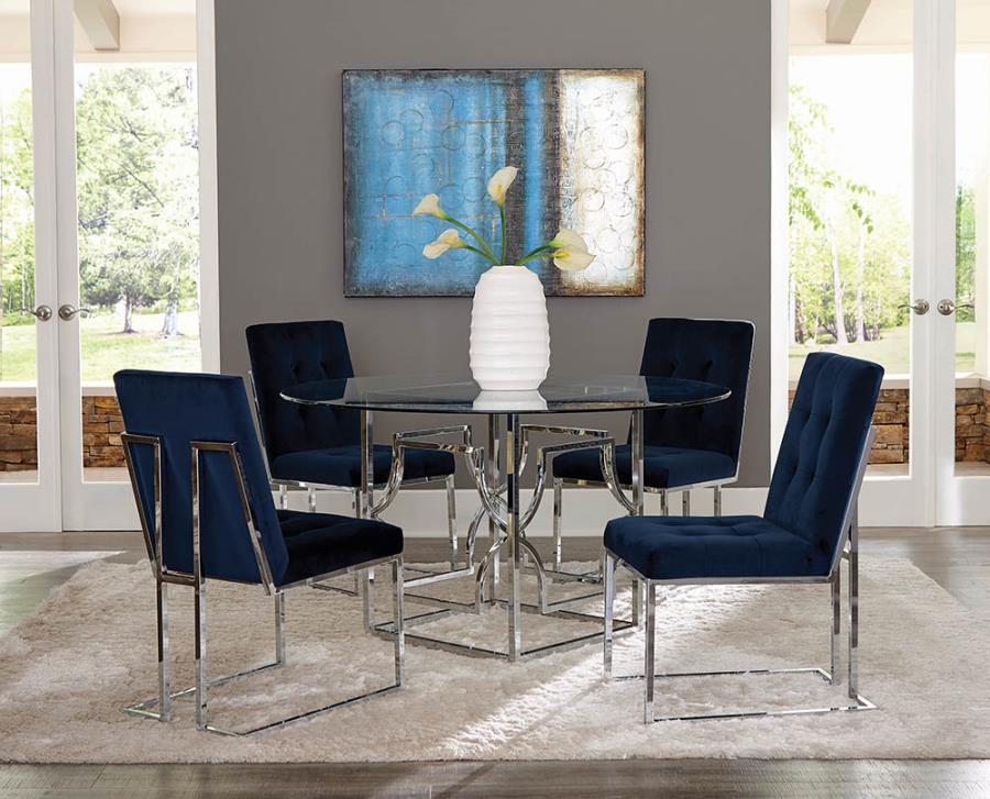 Coaster 192561-494 5 pc Pangea home edward mischa 54" round clear glass top chrome metal base dining table set