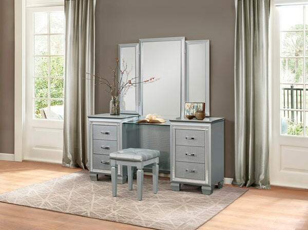 Homelegance 1916-14-15 3 pc Allura silver with faux alligator finish wood bedroom make up vanity set