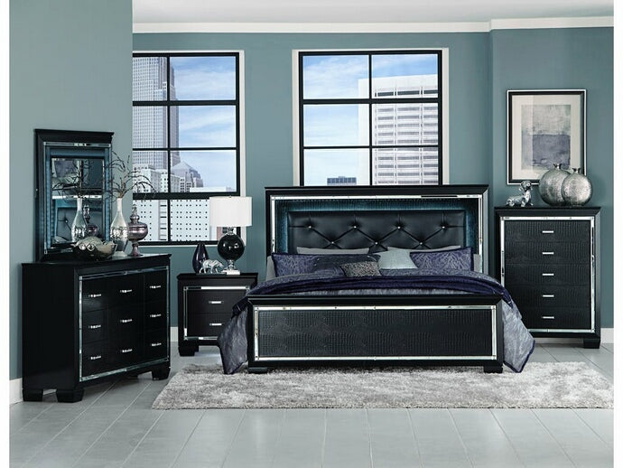Homelegance 1916BK-4PC 4 pc allura black embossed alligator finish wood bedroom set with led trim