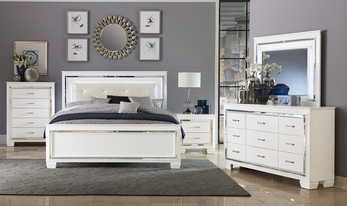 Homelegance 1916W-4PC 4 pc allura white embossed alligator finish wood bedroom set with led trim