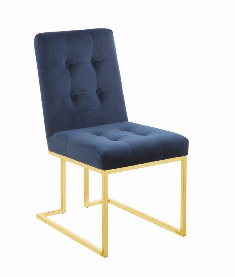 Coaster 192493 Set of 2 Mischa gold tonw metal base dining chair blue velvet seats tufted accents