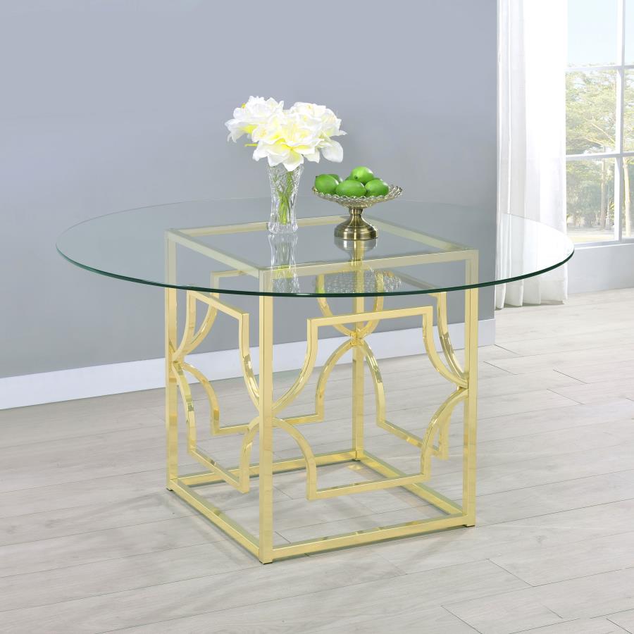 Coaster 192641-493 5 pc Mercer 41 tenny evianna 54" round clear glass top brass metal base dining table set