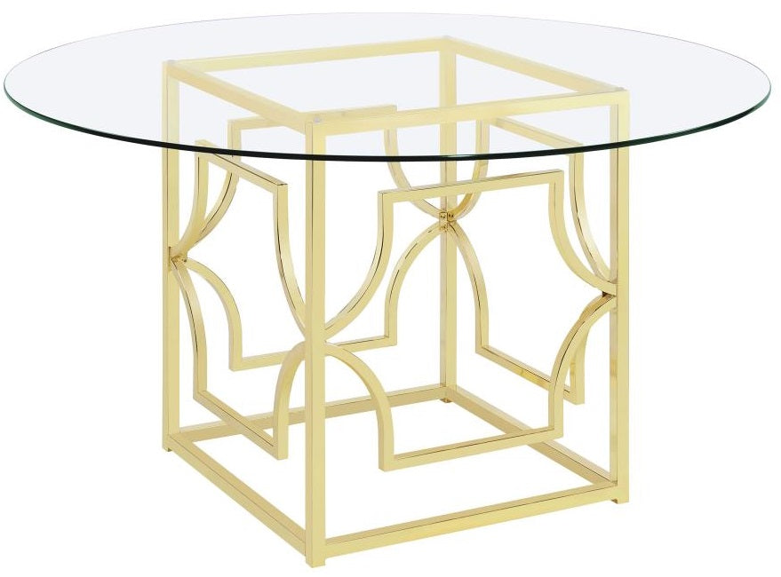 Coaster 192641-493 5 pc Mercer 41 tenny evianna 54" round clear glass top brass metal base dining table set