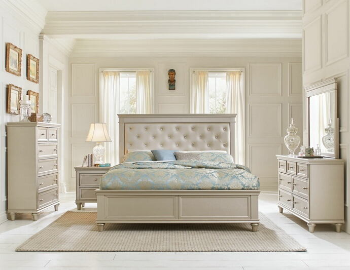 Homelegance 1928-4PC 4 pc celandine silver finish wood and pearlized vinyl tufted headboard bedroom set