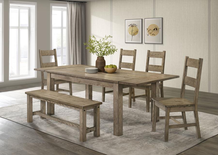 Coaster 192921-S6 6 pc Cardova vineyard oak finish wood grain look wood dining table set with bench