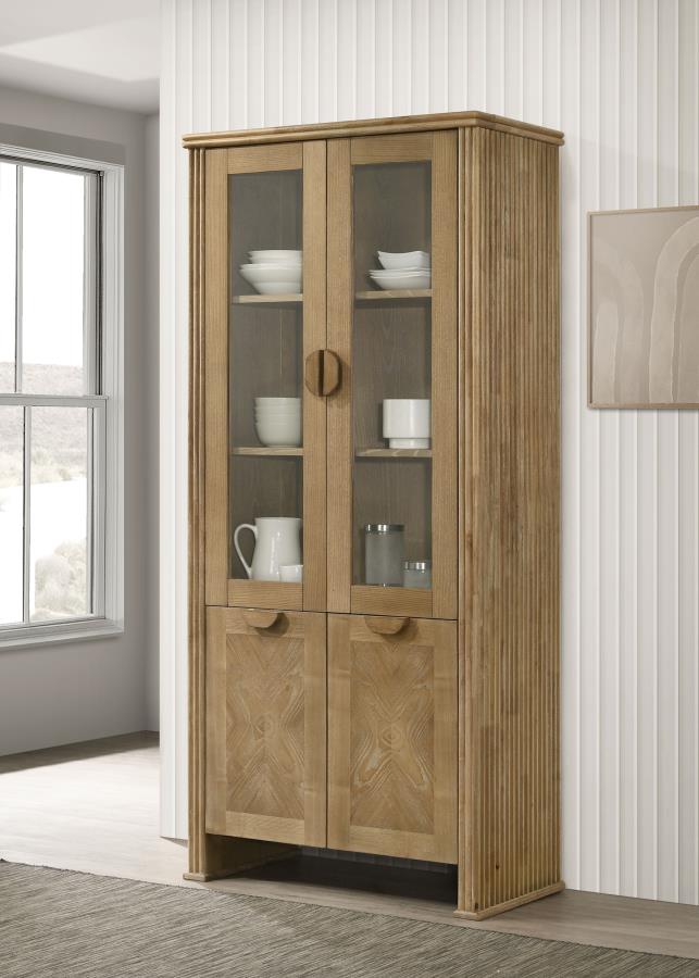 Coaster 193616 Adina distressed light brown finish wood 77" tall curio cabinet with 4 doors
