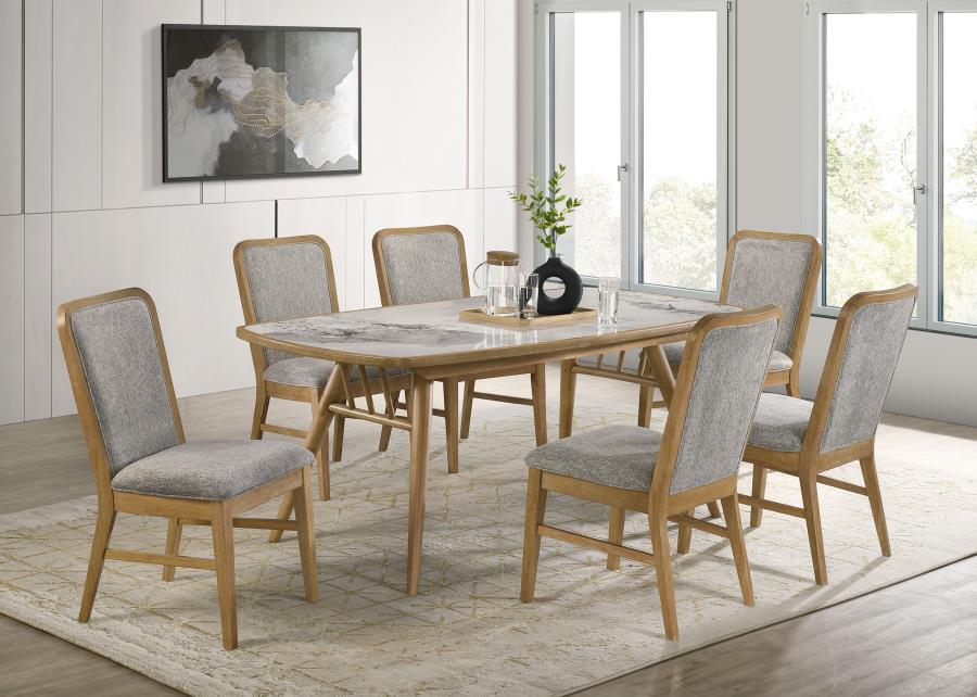 Coaster 193731-S7  7 pc Croyden weathered natural finish wood faux marble stone top modern farmhouse dining table set upholstered chairs