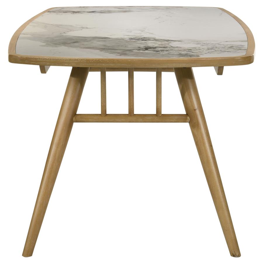 Coaster 193731-S7  7 pc Croyden weathered natural finish wood faux marble stone top modern farmhouse dining table set upholstered chairs