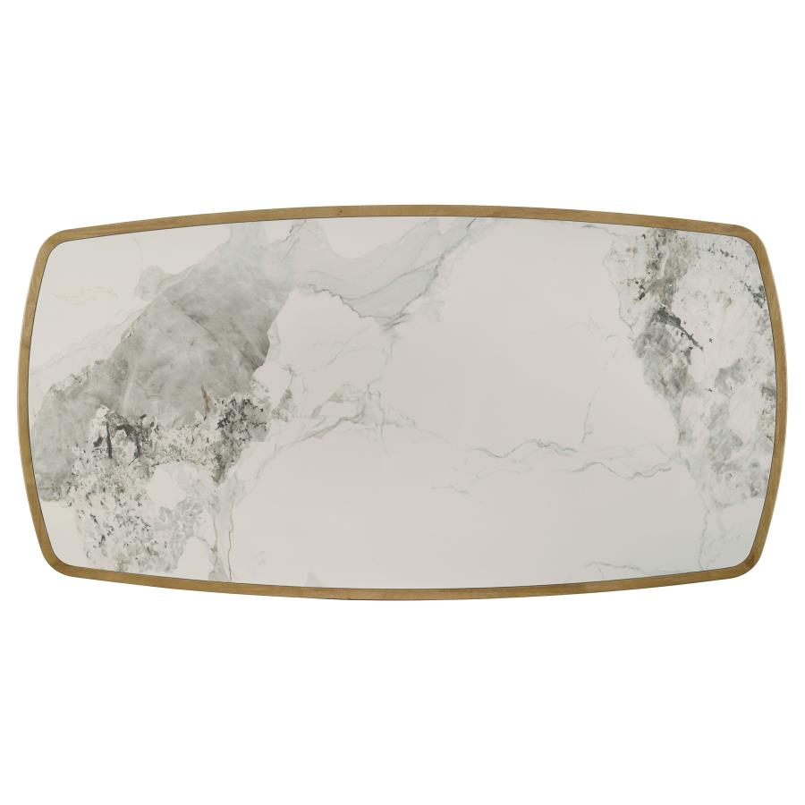 Coaster 193731-S7  7 pc Croyden weathered natural finish wood faux marble stone top modern farmhouse dining table set upholstered chairs