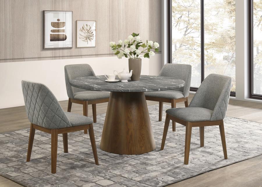 Coaster 193820-S5  5 pc Franklin dark oak finish wood 50" round faux marble top mid-century modern dining table set upholstered chairs