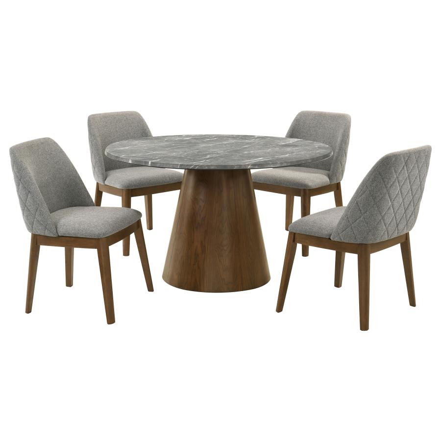 Coaster 193820-S5  5 pc Franklin dark oak finish wood 50" round faux marble top mid-century modern dining table set upholstered chairs