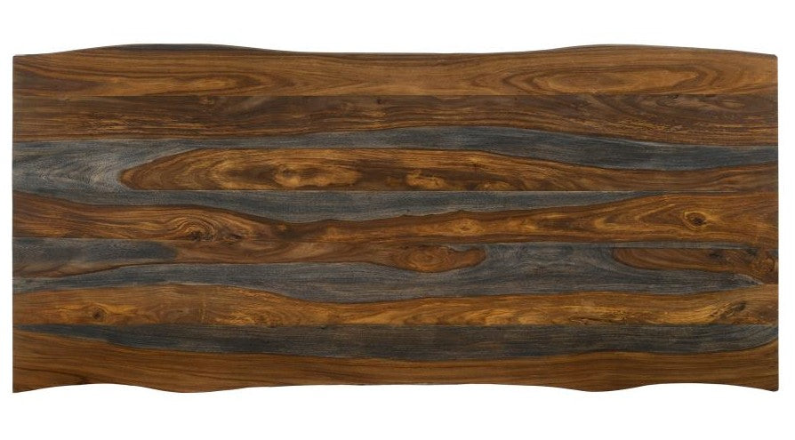 Coaster 193861-S6G 6 pc Neve natural sheesham finish wood natural edge dining table set with bench grey chairs